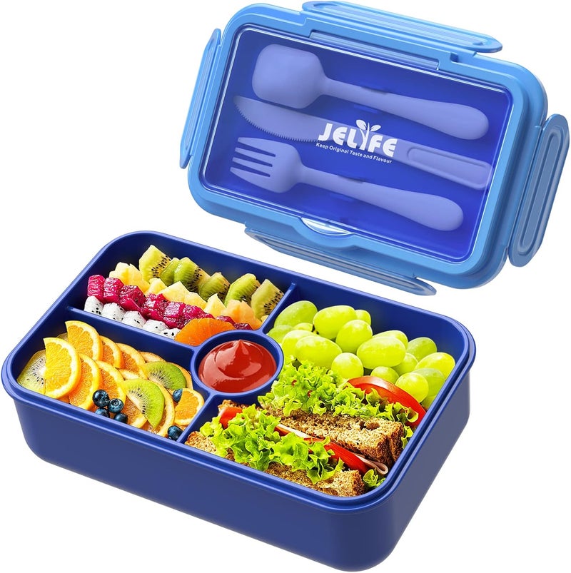 Jelife Bento Lunch Box for Kids - Leakproof Large Bento-Style with 4 Compartments Portions Lunchbox with Tableware Back to School, Reusable On-the-Go Meal and Snack Packing, Blue - Image 1